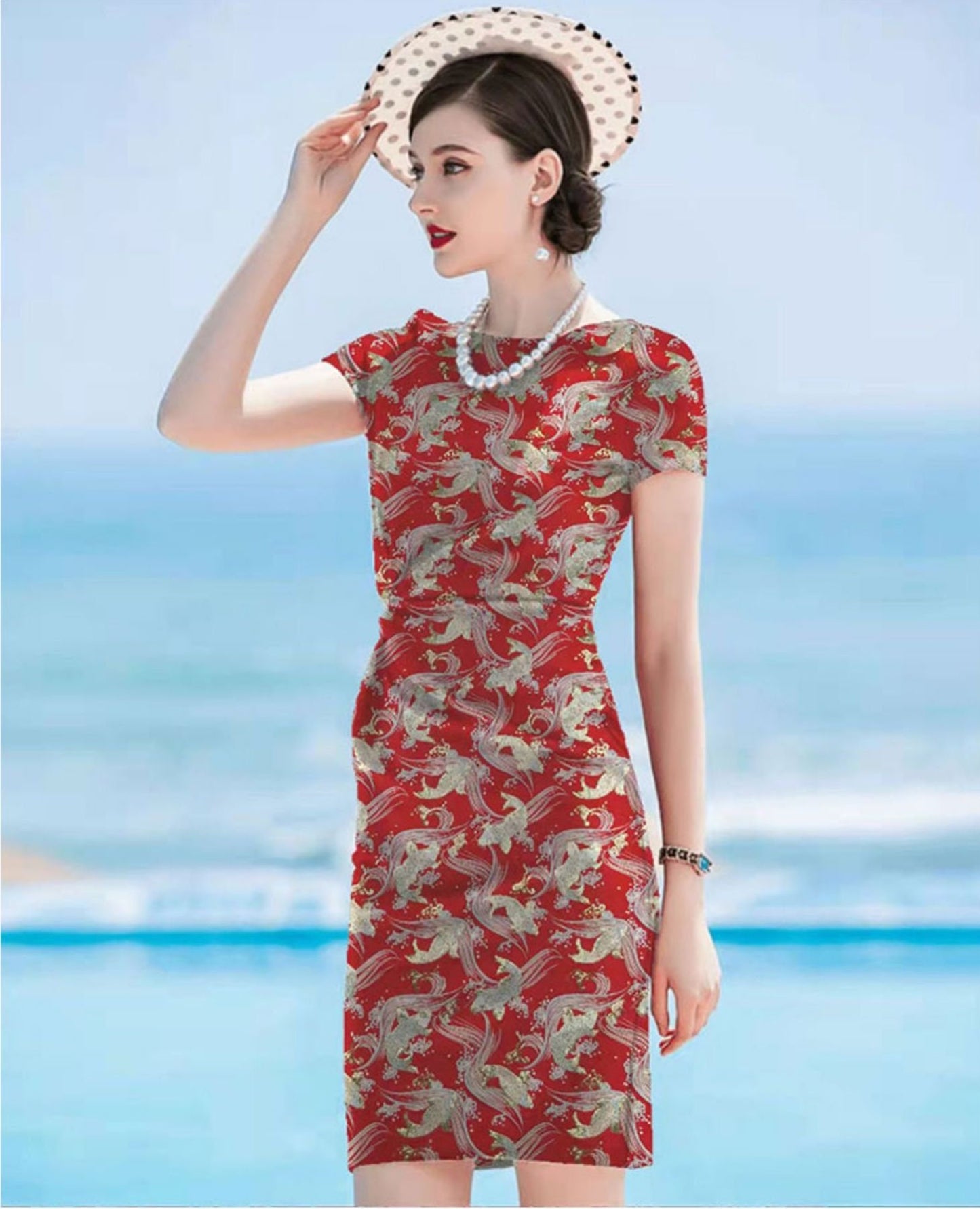 Golden Fish Silk Brocade Fabric: Red Cheongsam Fabric (29.5"W)