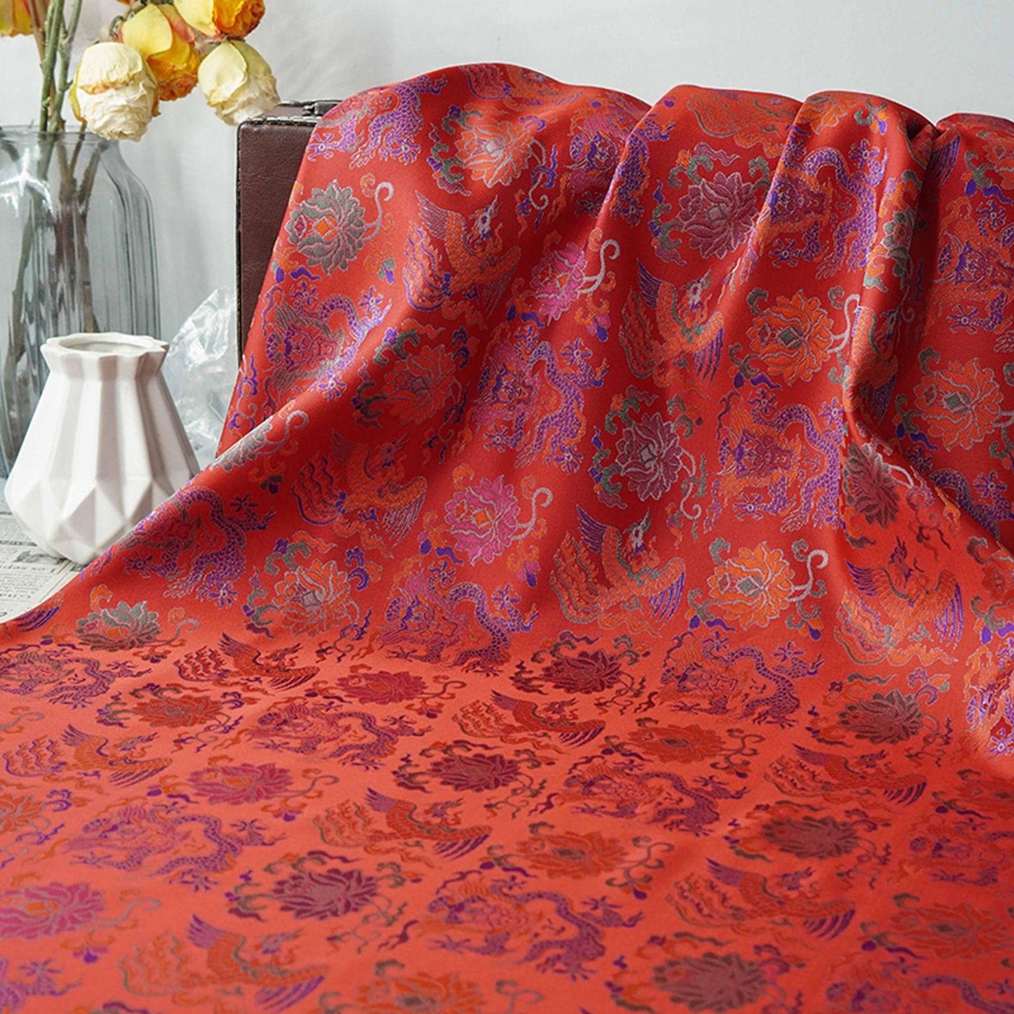 Dragon Brocade Fabric | Oriental Jacquard Sewing Material, 58"W
