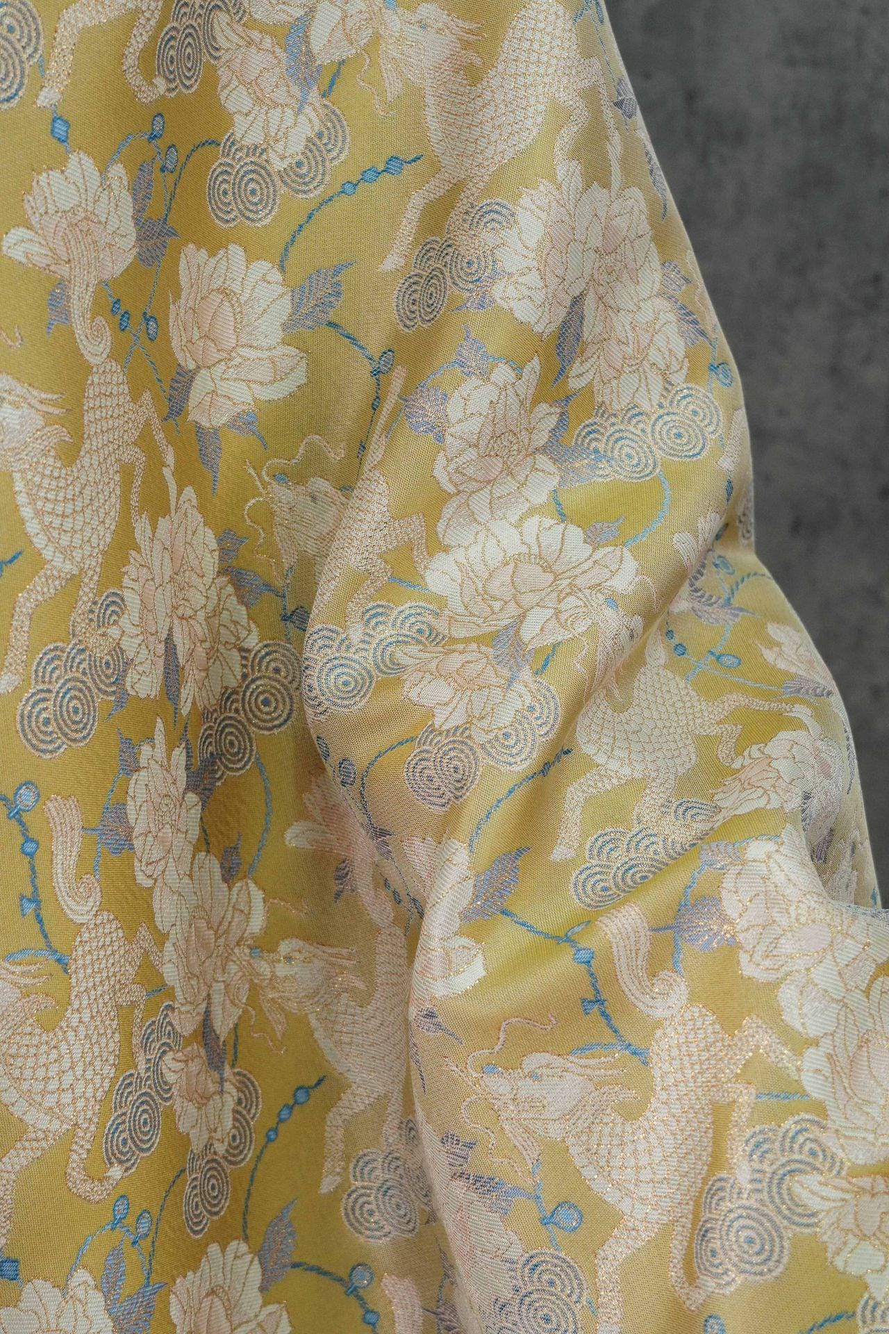 Luxury Song Brocade Jacquard Fabric with Kirin and Peony Gold Pattern, 58" Wide