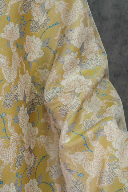 Luxury Song Brocade Jacquard Fabric with Kirin and Peony Gold Pattern, 58" Wide
