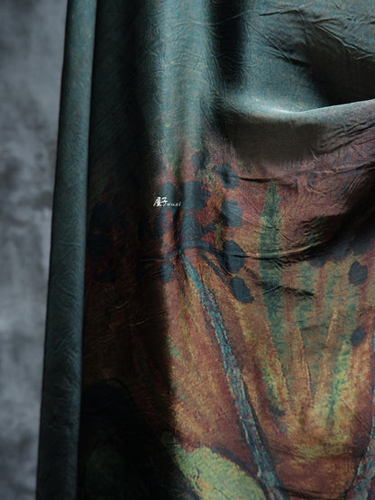 Dark Green Silk Satin Fabric: Dunhuang Pattern Sewing Material, 55"W