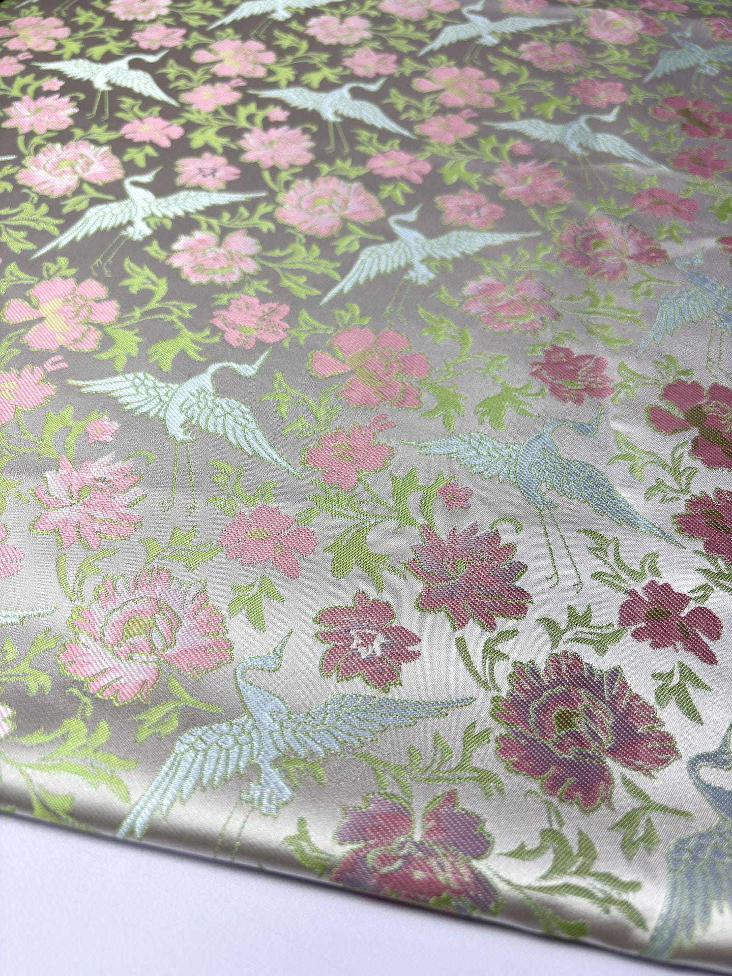Flower and Cranes Jacquard Satin Brocade Fabric: Antique Cheongsam Sewing, 57"W