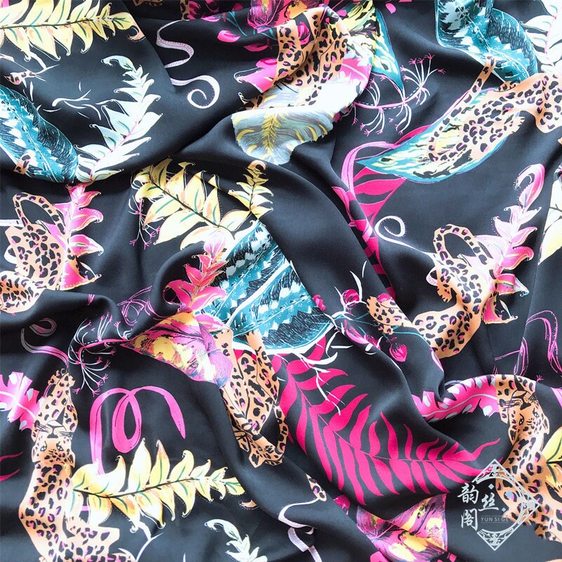 Leopard Print Satin Chiffon Fabric: Black Animal Print, 59" Wide