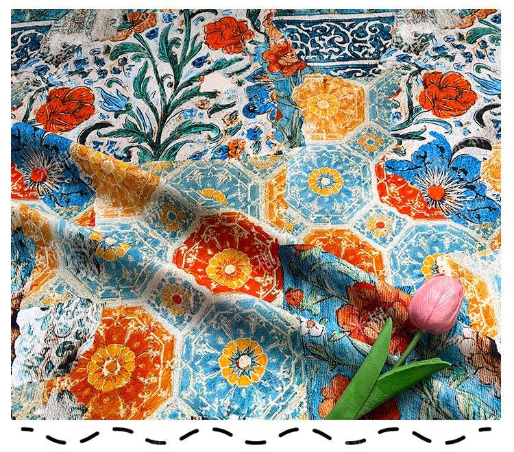 Persian Floral Cotton Fabric: Enamel Style Print, Quilting & Dressmaking, 55" Wide