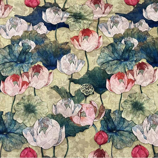 Tissu satin de soie imprimé lotus - 150 cm de large - Ameublement et costumes