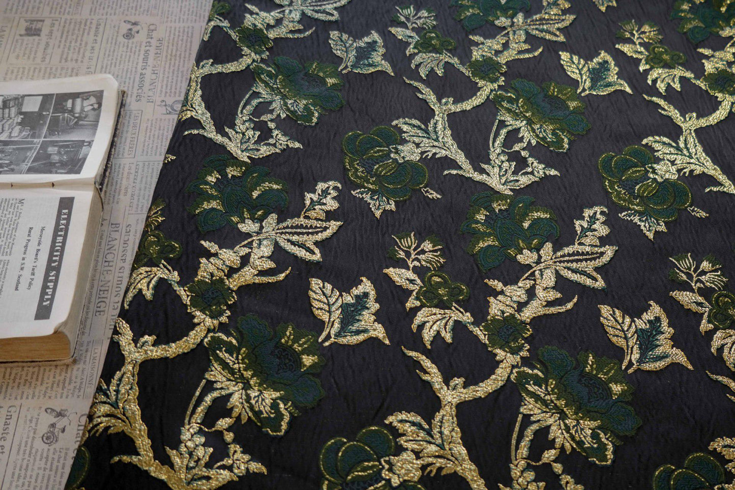 Gold Thread Jacquard Fabric: Dark Green Floral Upholstery, 59" Wide