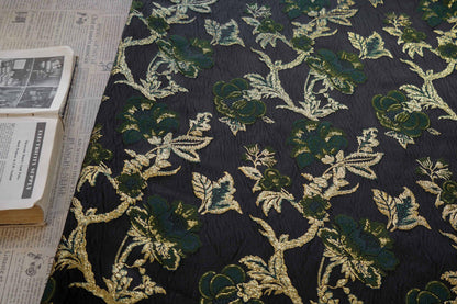 Gold Thread Jacquard Fabric: Dark Green Floral Upholstery, 59" Wide