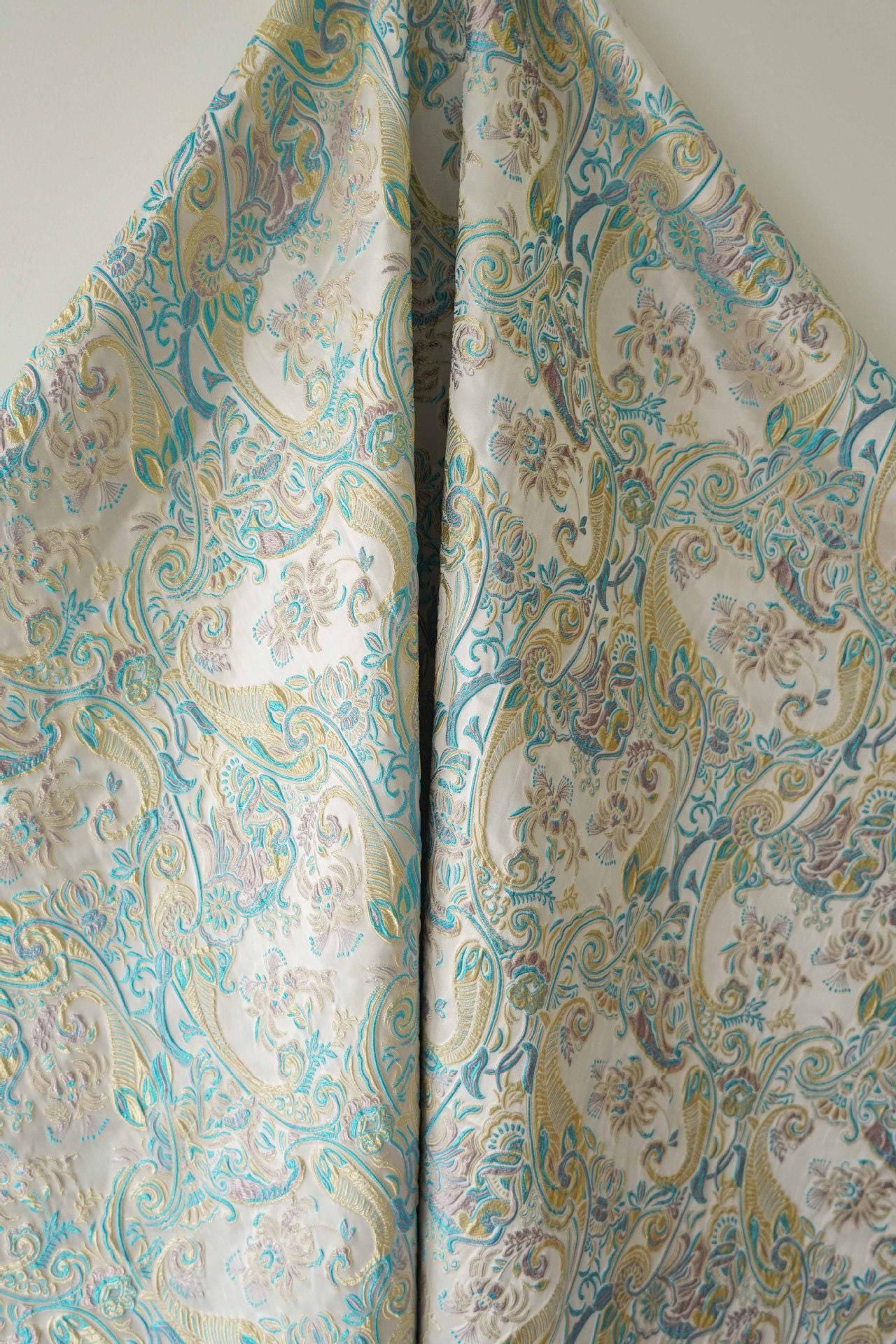 Blue & Yellow Embossed Jacquard Fabric, Palace Damask, 60"W, Meter