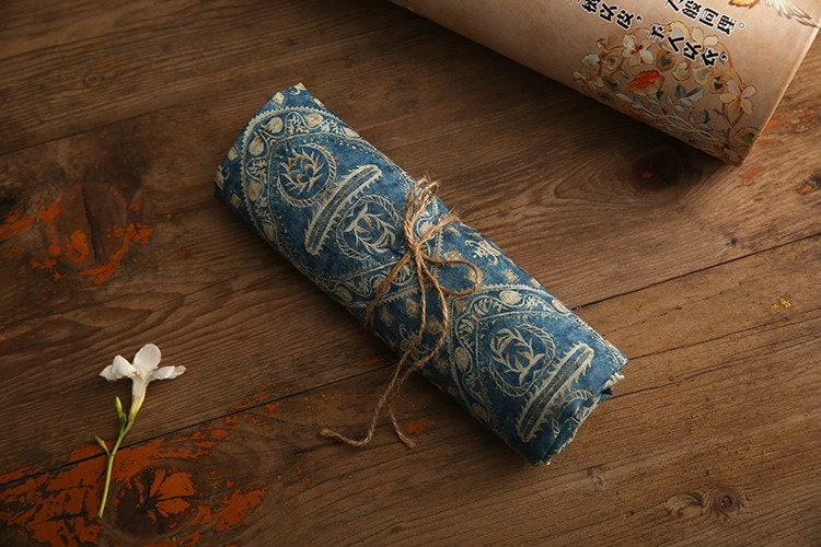Blue Dunhuang Buddha Flower Ramie Fabric: 57"W Upholstery & Sewing