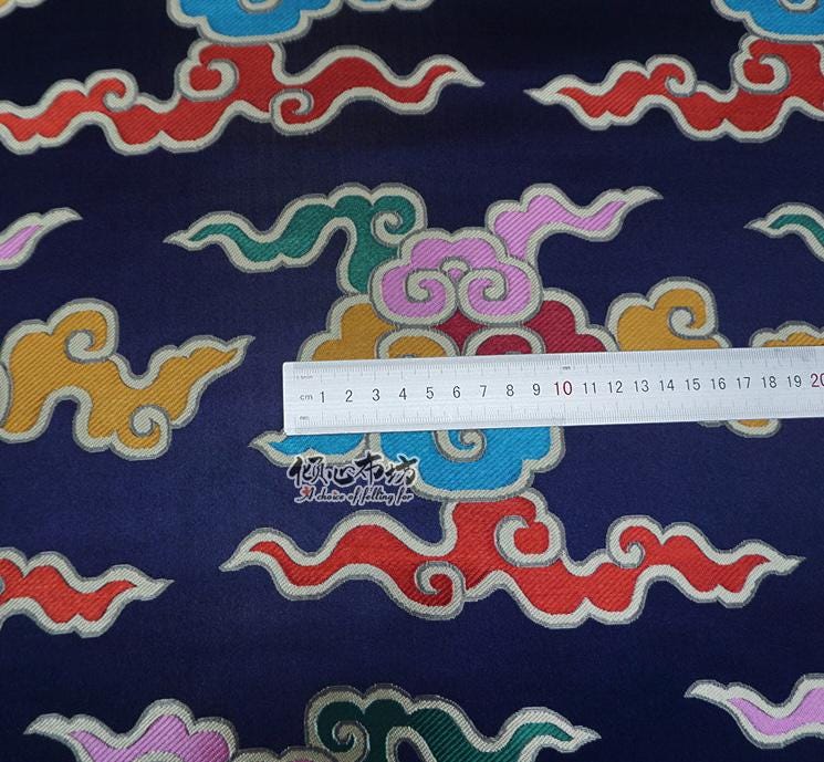 Dark Blue Auspicious Clouds Jacquard Fabric: Tibetan Style Costume Dress Material