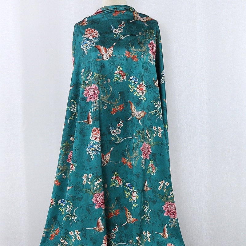 Butterfly Floral Tea Silk Satin Fabric: 59"W Digital Print Sewing Material