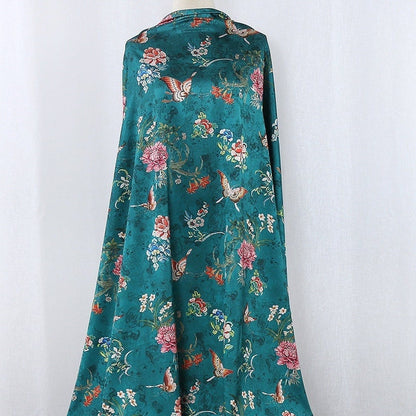 Butterfly Floral Tea Silk Satin Fabric: 59"W Digital Print Sewing Material