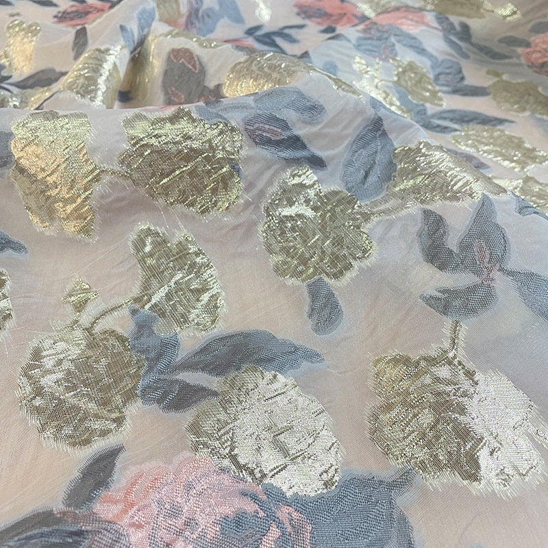 Floral Organza Jacquard Fabric with Gold Thread (57"W)