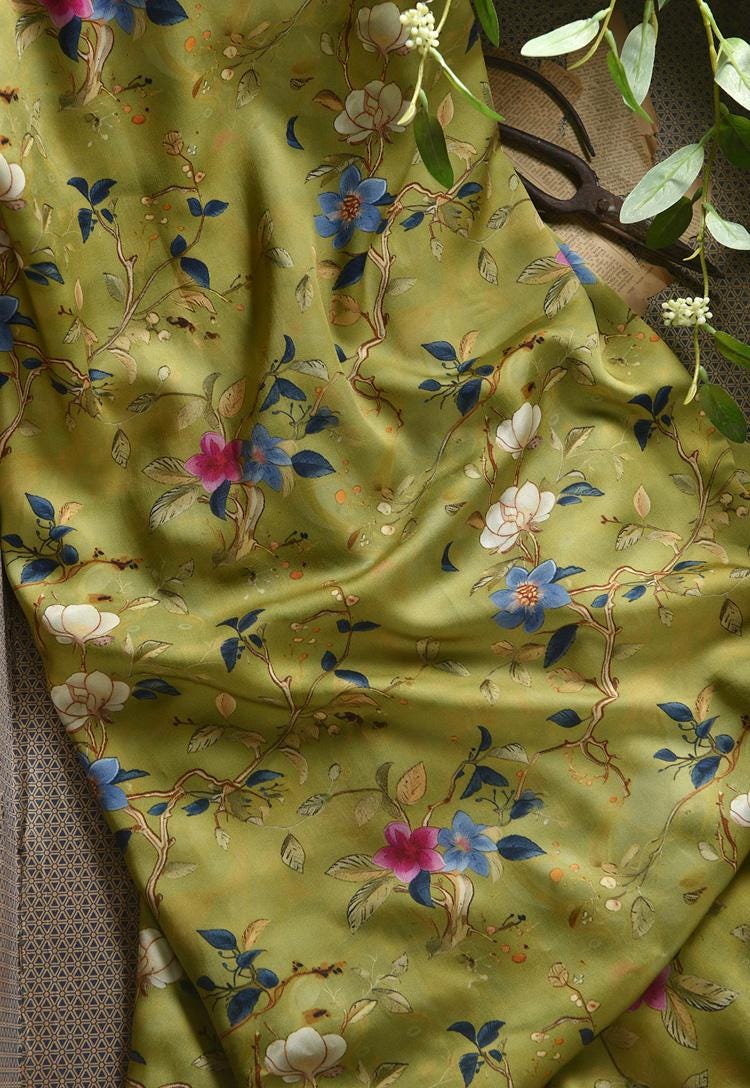 Floral Cotton Fabric: Green Ancient Ink Painting, 55"W
