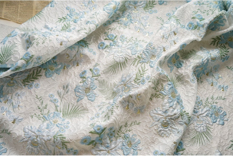 Floral Jacquard Fabric: Gold Thread, 3D Butterfly Texture, 55" Wide