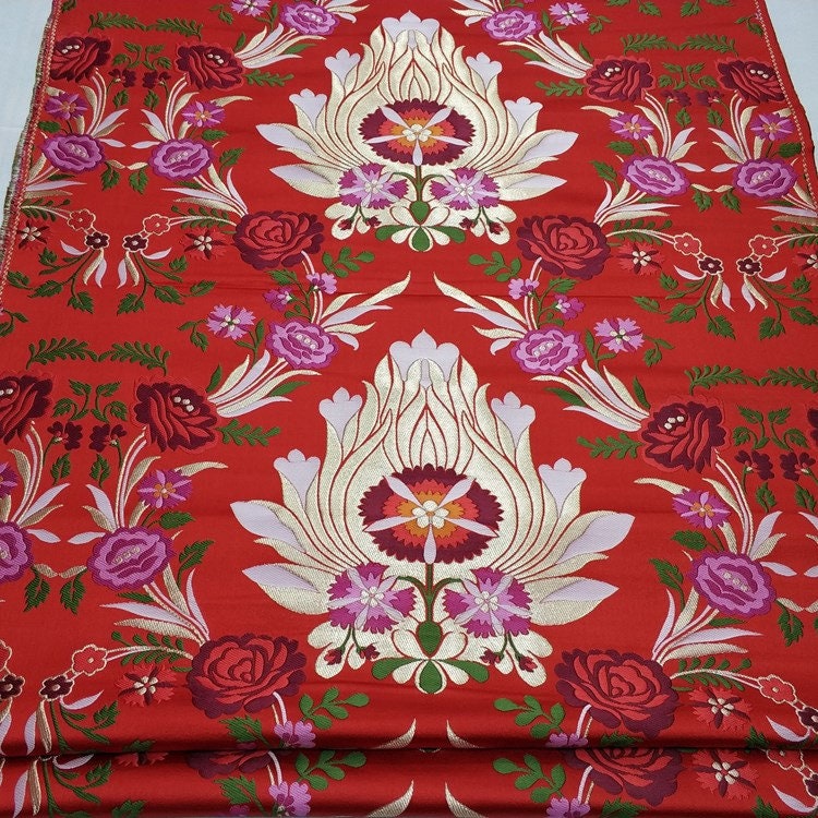 Tissu brocart de soie rouge : motif floral pivoine, 74 cm de large, tissu pour mariage
