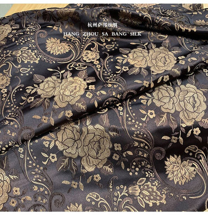 Tissu brocart floral vintage : Soie rayonne noir café, 75 cm de large