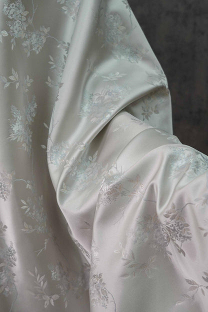 Plum Blossom Brocade Fabric: Silver White Rayon Jacquard, 59"W