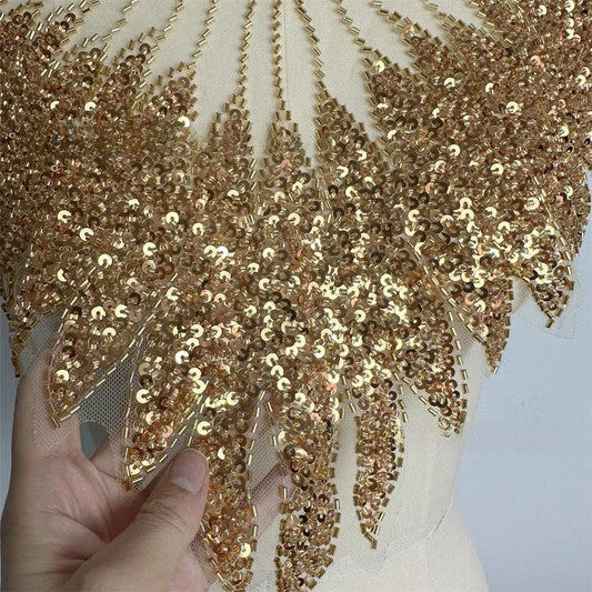 Applique de col brodée de sequins dorés : accessoire de vêtement à faire soi-même (50x3)