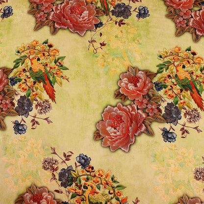Peony Floral Rayon Silk Fabric: Chinese Print Dressmaking Material, 59" Wide
