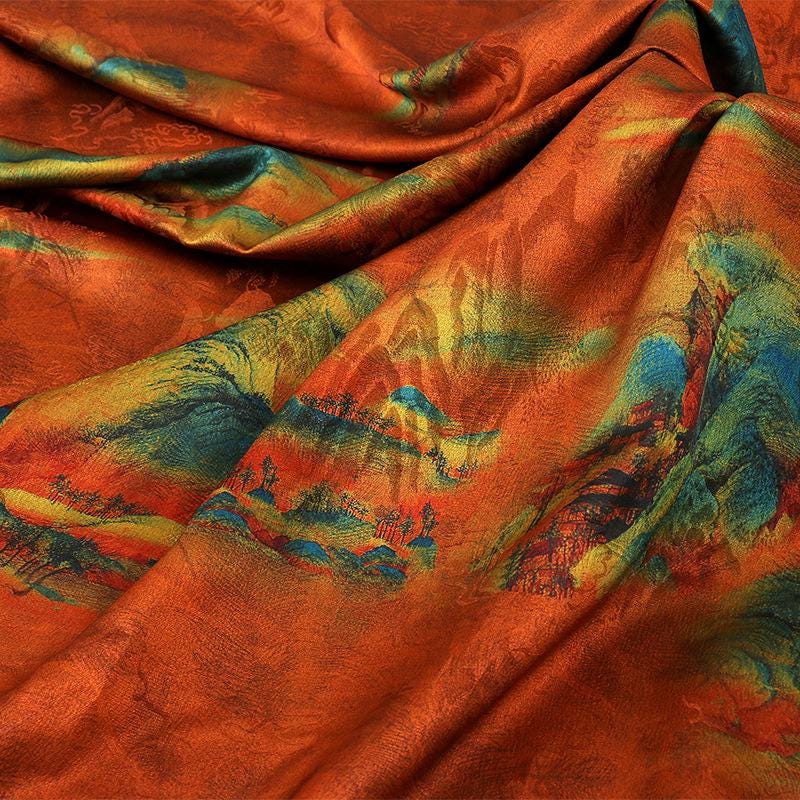 Mountain Print Tea Silk Satin Fabric: 59"W Upholstery & Costume