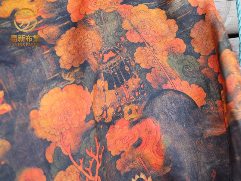 Dunhuang Lotus Linen Fabric: Auspicious Clouds Retro Print, 55"W