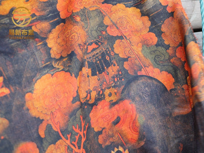 Dunhuang Lotus Linen Fabric: Auspicious Clouds Retro Print, 55"W