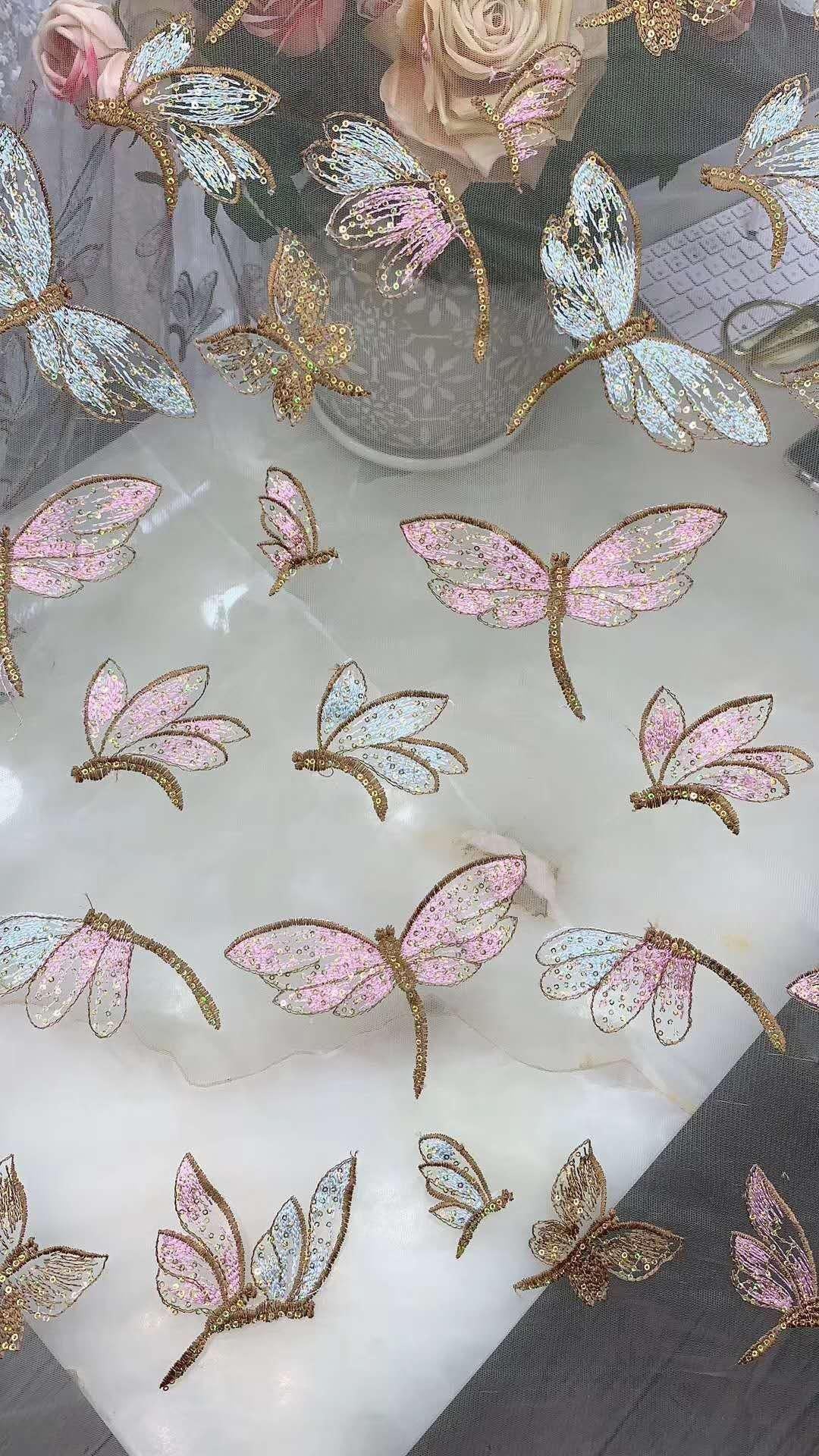Butterfly Embroidered Sequin Lace Fabric: Two-Tone Tulle Mesh, 59" Wide