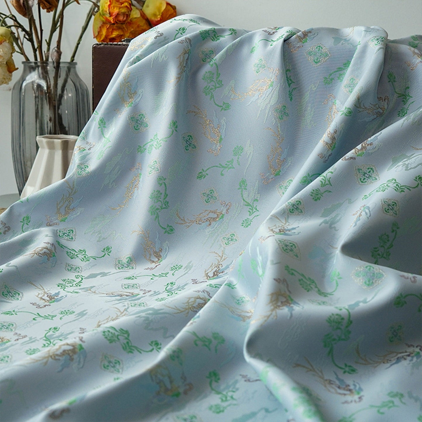 Reversible Floral Jacquard Fabric: Gold Thread Embossed Upholstery, 63"W