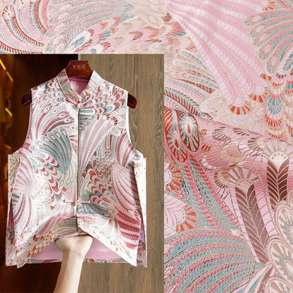 Tissu damassé rose : tissage queue de phénix chinois de 35 pouces de large
