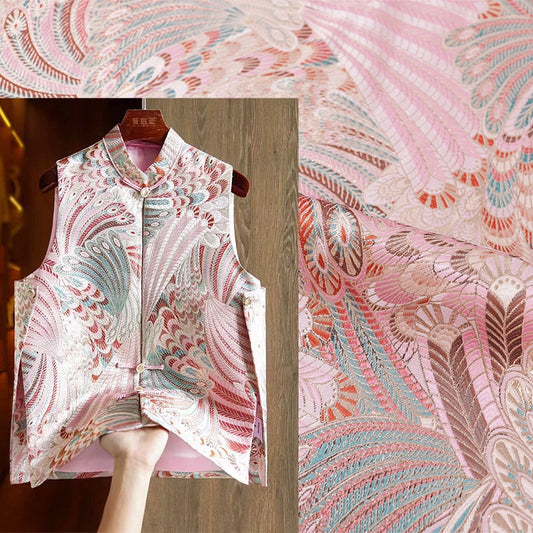 Tissu damassé rose : tissage queue de phénix chinois de 35 pouces de large