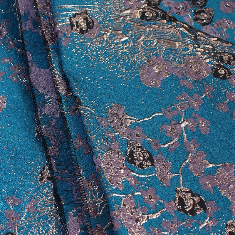 Peacock Blue Floral Jacquard Fabric: Polyester Upholstery, Costume, Decor - 55"W