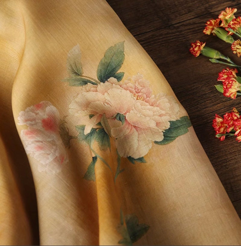 Floral Ramie Fabric: Dunhuang Ink Painting, Natural Fiber (57"W)
