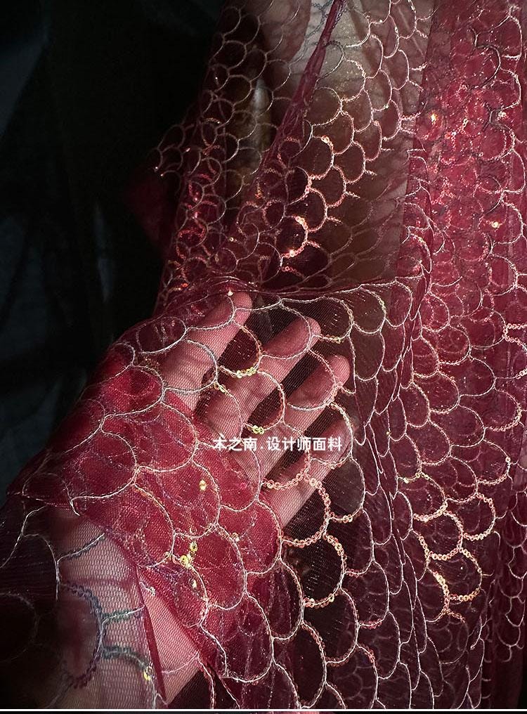 Maroon Fish Scales Sequin Embroidered Mesh Fabric, 50"W