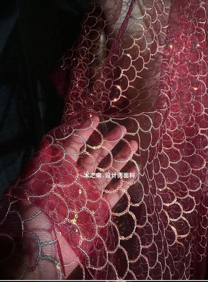 Maroon Fish Scales Sequin Embroidered Mesh Fabric, 50"W