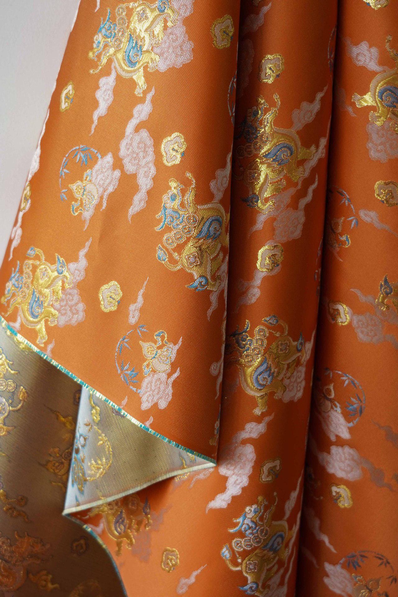 Gold Thread Brocade Fabric: Mongolian Tibetan Style, 60"W, By The Meter