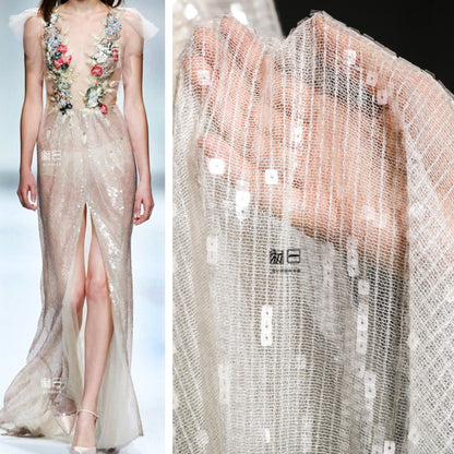 Champagne Sequin Embroidered Mesh Fabric, 47"W Scale Design