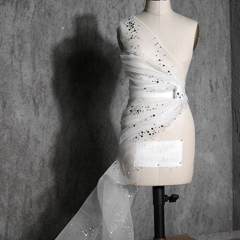 Glitter Organza Fabric, Mermaid Tears Design, Wedding Gown Mesh, Black & White