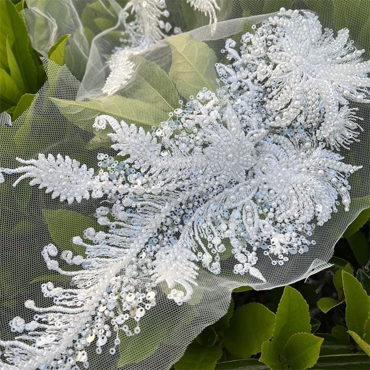 Embroidered Lace Trim: Light Ivory Bridal Wedding Veil Fabric, Sequins (By Yard)