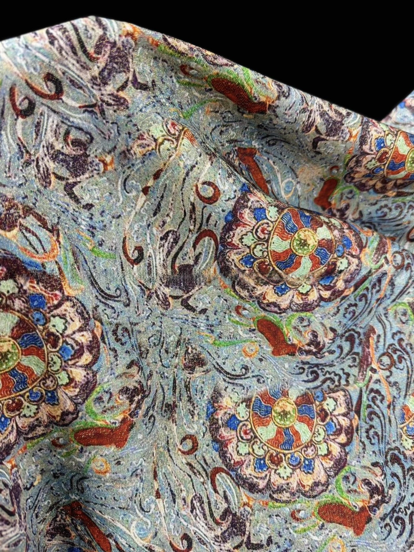 Ethnic Silk Brocade Fabric: Gold Foil Tapestry, Dunhuang Zen Style