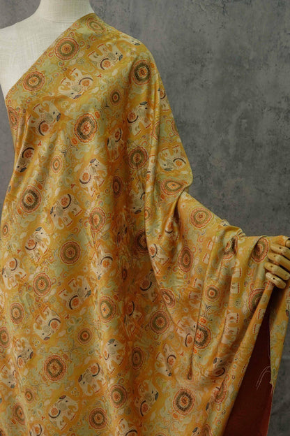 Lucky Elephant Tea Silk Satin Fabric: 59"W Green Upholstery