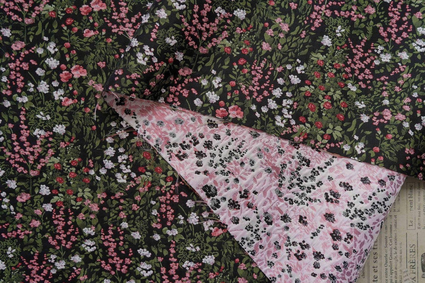 Reversible Floral Jacquard Fabric: Pink Flower Pattern, 55" Wide