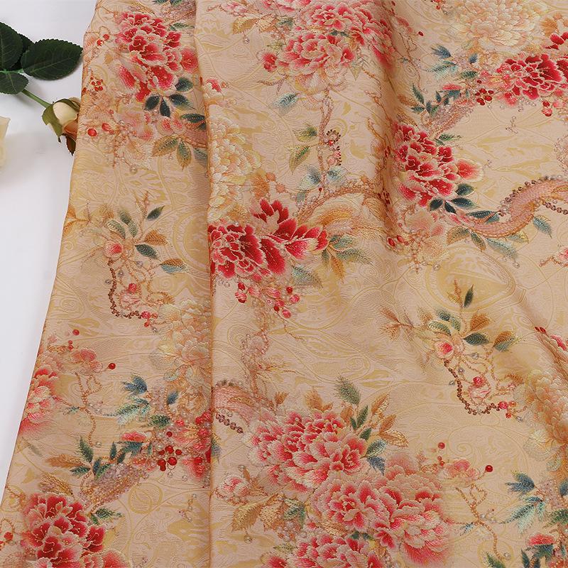 Peony Brocade Jacquard Fabric: Light Apricot Satin Tea Silk (59" Wide)