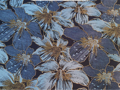 Gold Thread Jacquard Fabric: Blue Floral 3D Texture, 63" Wide