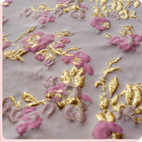 Pink Gold Floral Jacquard Fabric: 3D Designer Sewing Material (57"W)