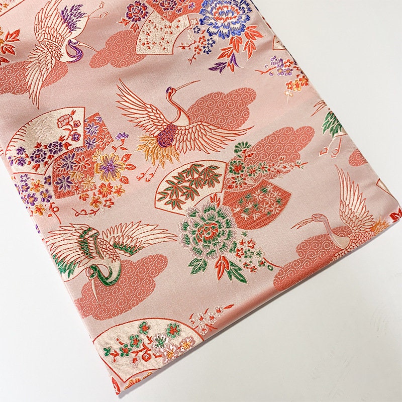 Nishijin Japanese Brocade Fabric: Crane & Fan Jacquard Silk Rayon Blend (57"W)