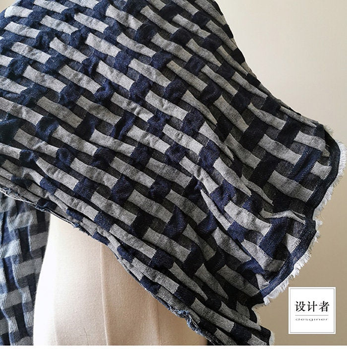 Tissu denim jacquard : coton à motif losanges 3D, pour l’ameublement et la couture (170 cm)
