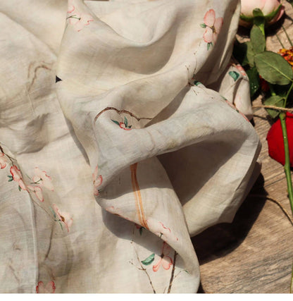 Tissu ramie au mètre : imprimé floral et oiseaux, textile doux et respirant