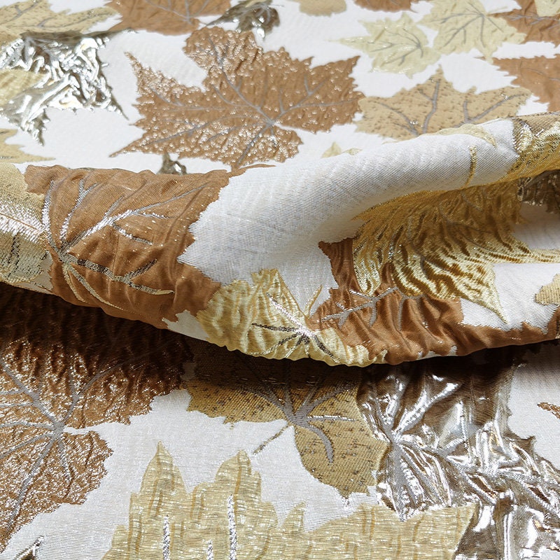 Gold Embossed Maple Leaf Jacquard Fabric: 55" Wide, Prom Dress, Upholstery