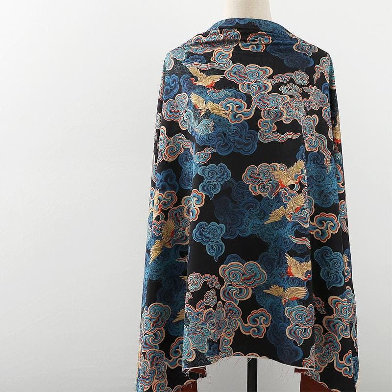 Ancient Xiangyun Tea Silk Satin Fabric: Crane & Cloud Print, 59"W